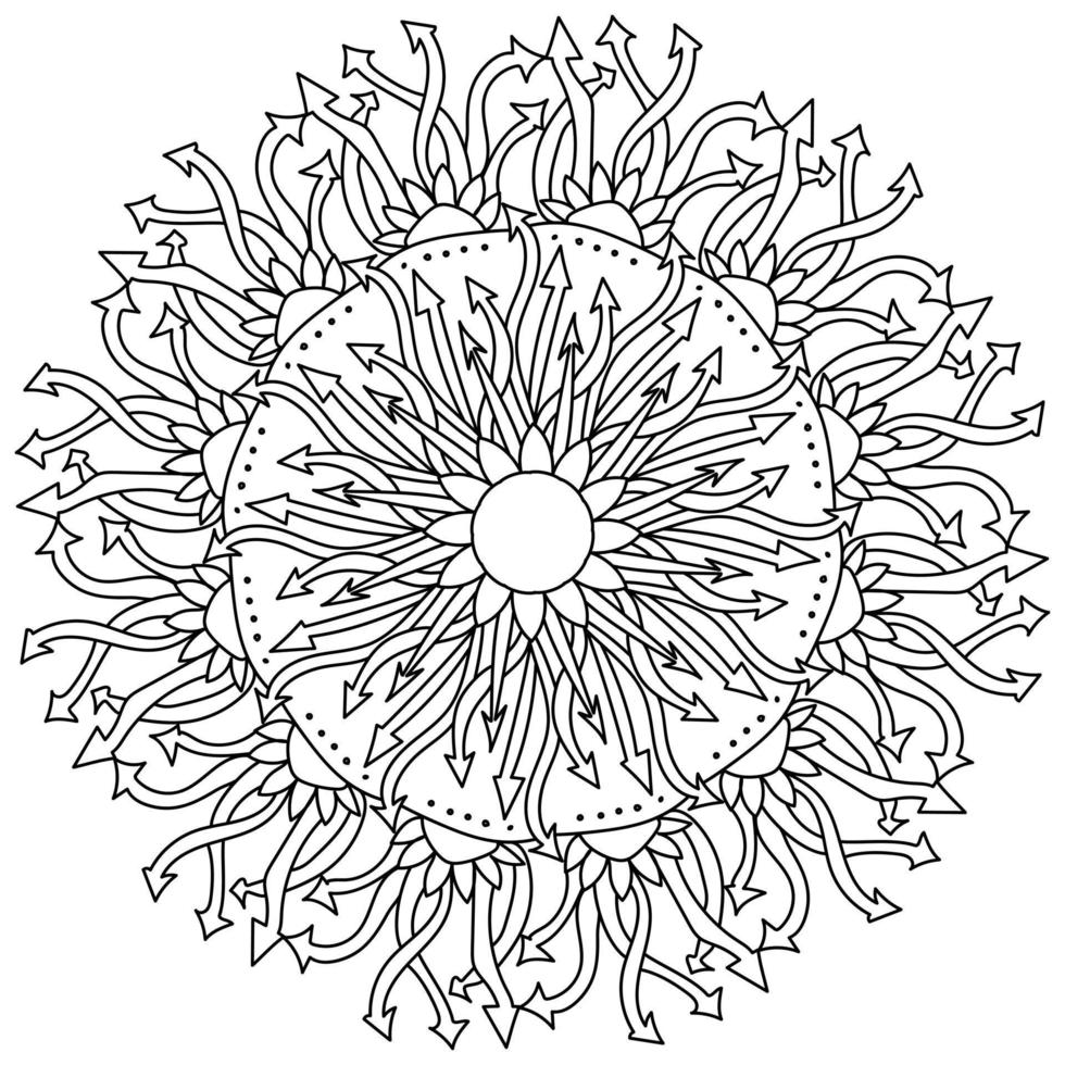 Contour mandala of arrows and a flower in the center, meditative coloring page from ornate motifs vector