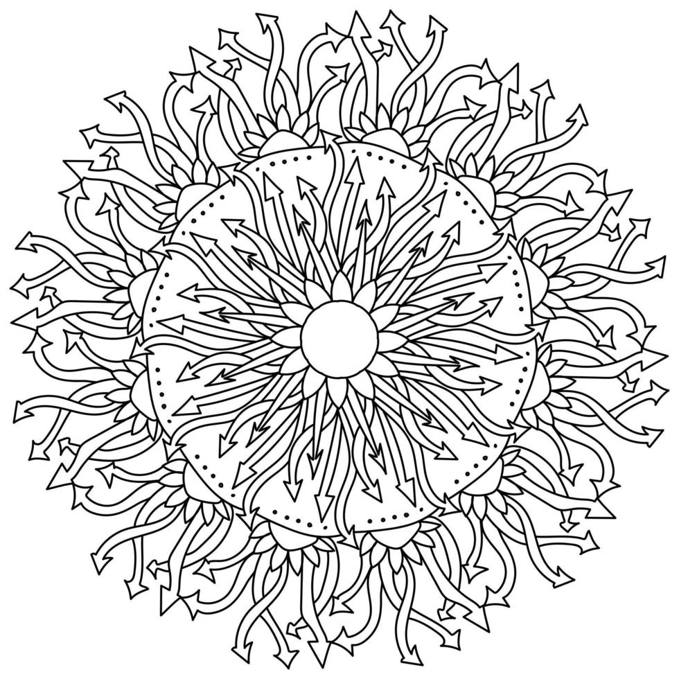 mandala de contorno de flechas y una flor en el centro, página de coloración meditativa de motivos ornamentados vector