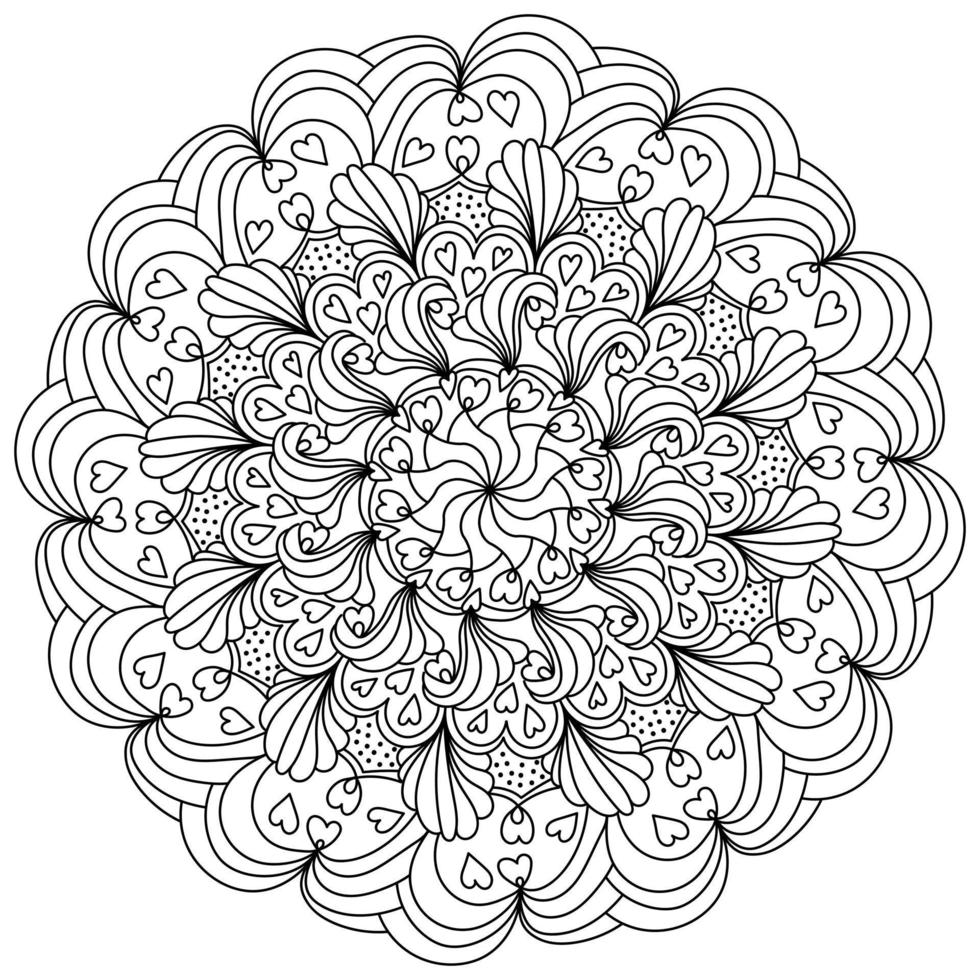 Mandala with hearts and ornate patterns, meditative coloring page for Valentines day vector