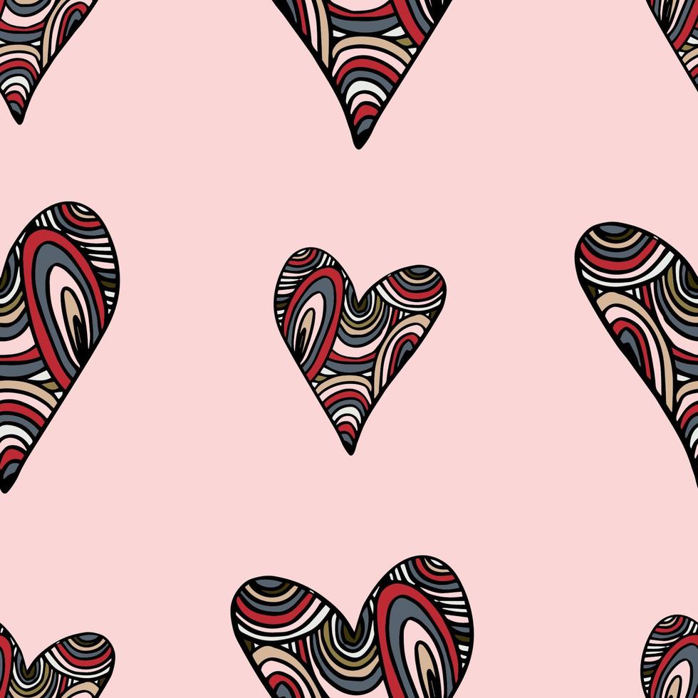 hand drawn heart in doodle sketch style and traced. Vector seamless print with a painted heart in stained glass style - multicolored pieces with a black outline on a pink square background