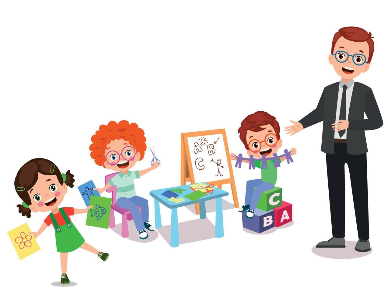 classroom teacher and cute students vector