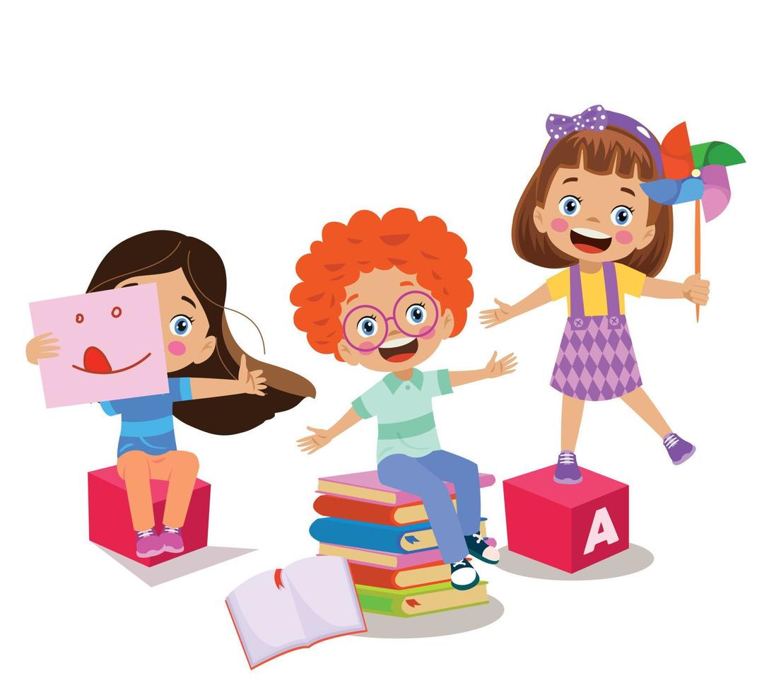 Kids playing with bricks and educational games in kindergarten room. Kids play together in kindergarden. Poster with the place for your text. Playroom with children vector