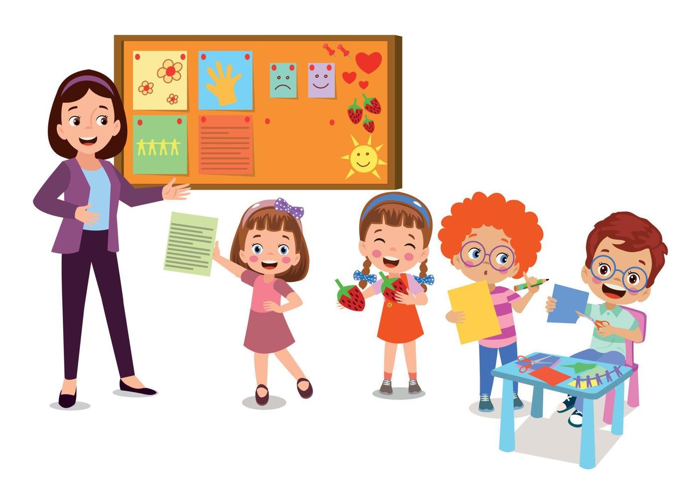 Cork board with paper notes and children picture vector