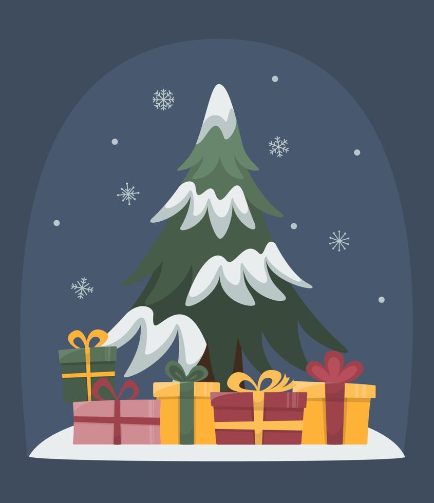 Christmas tree in the snow with gift boxes. Christmas tree. Merry Christmas. Happy New Year. Vector image, illustration