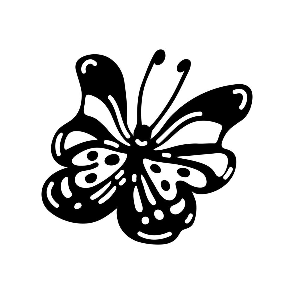 icono de vector de mariposa voladora. garabato dibujado a mano aislado sobre fondo blanco. hermoso insecto de verano con antenas, alas estampadas. boceto de cola de golondrina, contorno negro. imágenes prediseñadas para tarjetas, carteles, web