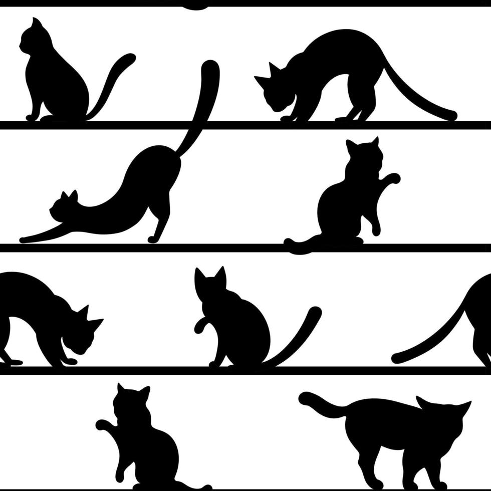 Silhouettes of black cats in various poses seamless vector pattern. Cute kittens walk on stripes. Pets play, wash, sit. Simple monochrome background with animals for fabric, textile, prints, wallpaper