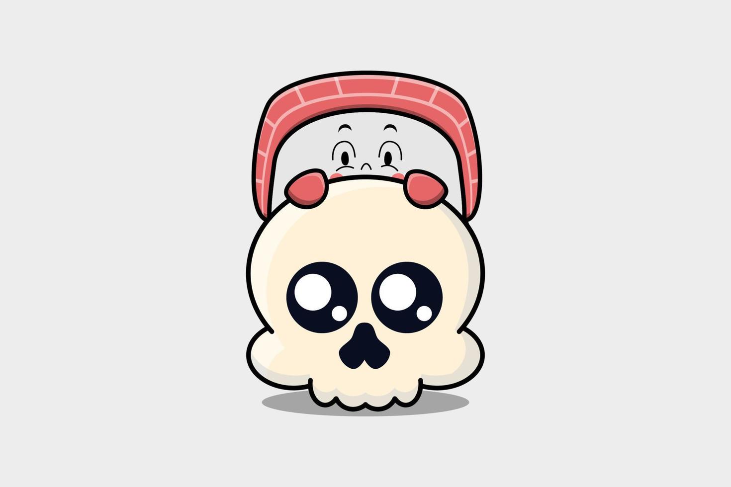 Cute Sushi cartoon character hiding in skull vector