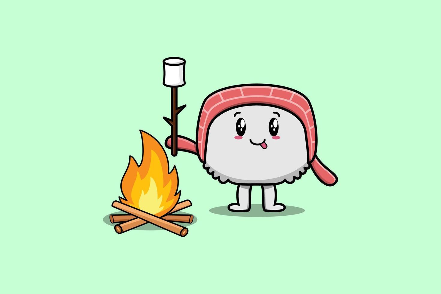 Cute cartoon Sushi character burning marshmallow vector