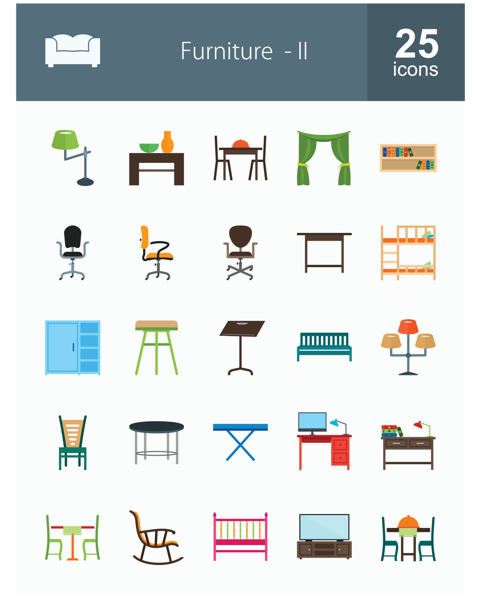 vector icons of various types of furniture, tools or objects at home