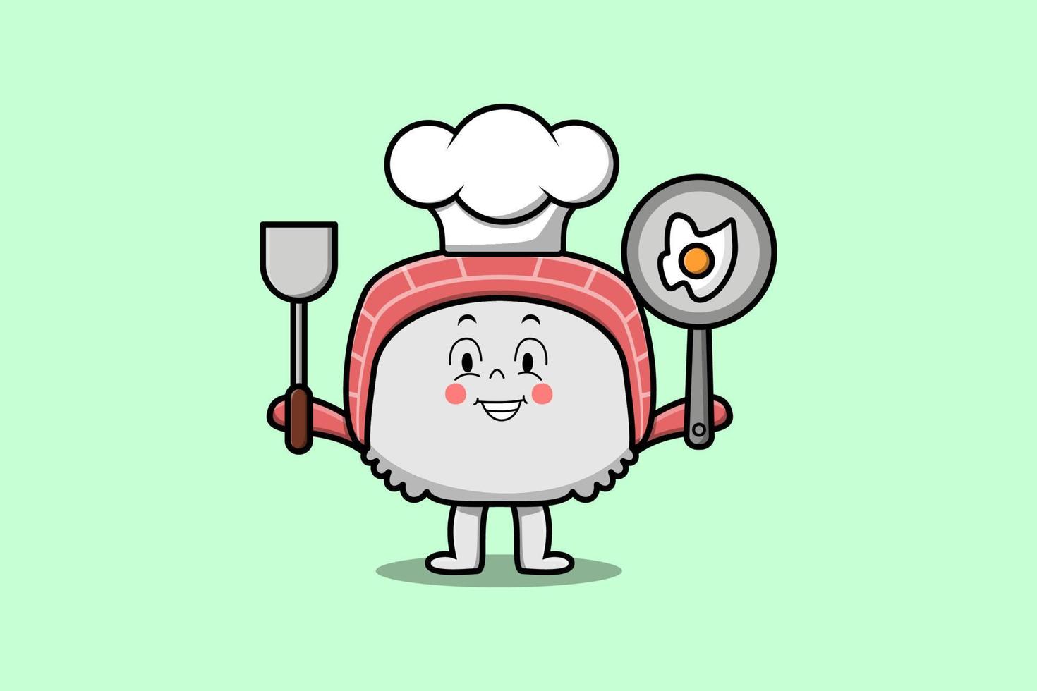 lindo chef de sushi de dibujos animados sosteniendo pan y espátula vector