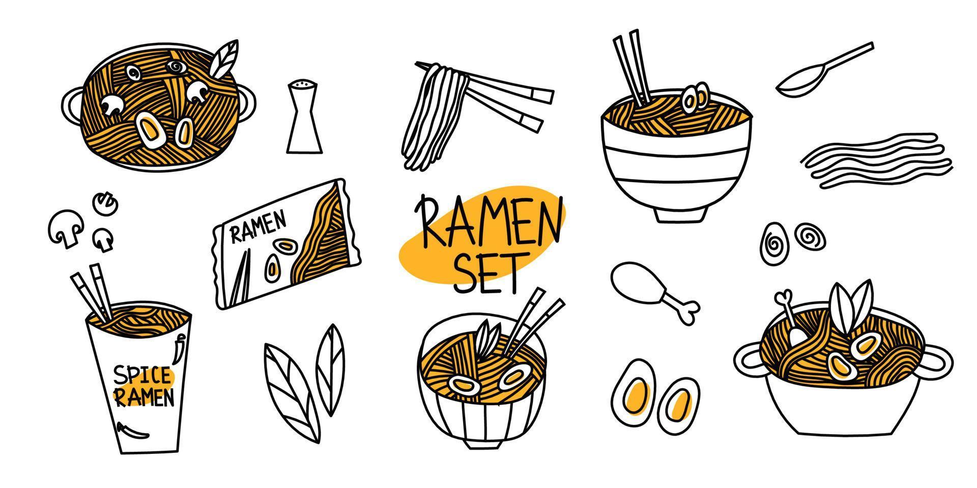 Doodle Ramen. Various noodles and ingredients for cooking Asian ramen. Collection of various bowls with noodles vector illustration