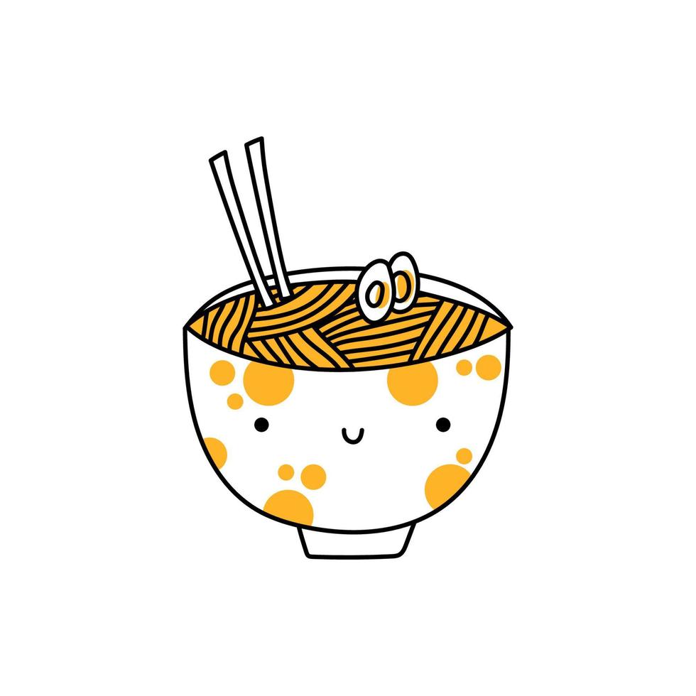 Cute ramen noodle. Cartoon kawaii korean ramen. Doodle vector noodles