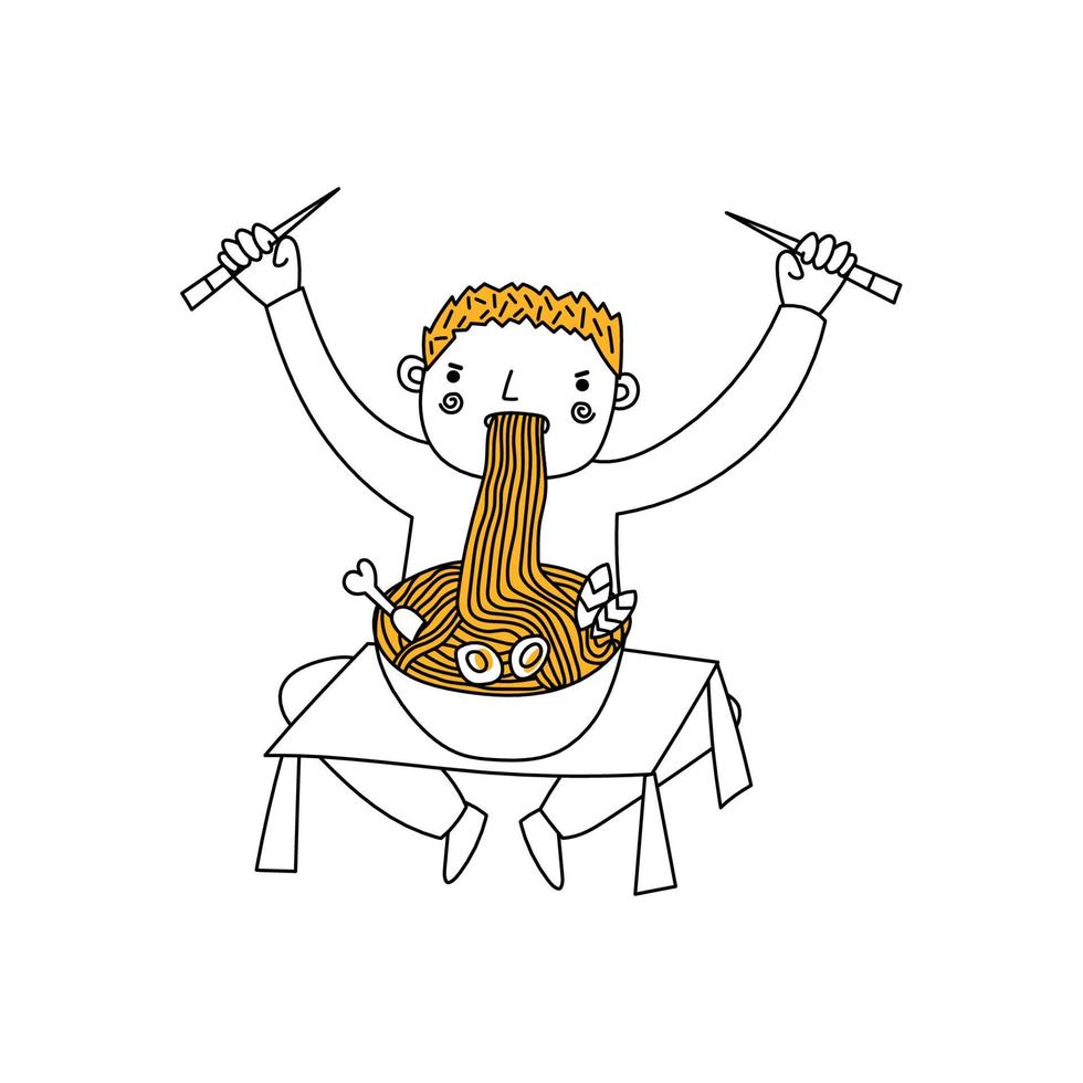 Man eating noodles. Young guy eats ramen from a big bowl while sitting on the floor. Hand draw asian food. Vector illustration on a white background