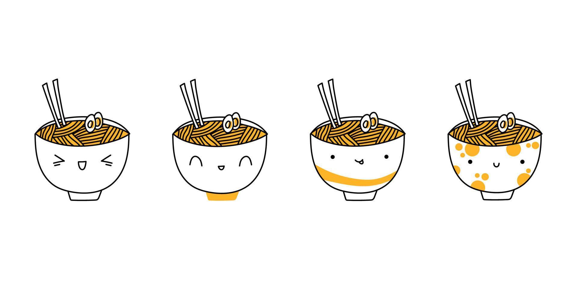 Set of kawaii bowls with noodles. Cartoon ramen. Cute Doodle Ramen vector illustration