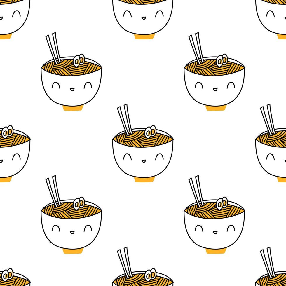 Korean food pattern. Pattern bowls japanese cute noodlles. Vector background, wrapping paper, fabric in cartoon style