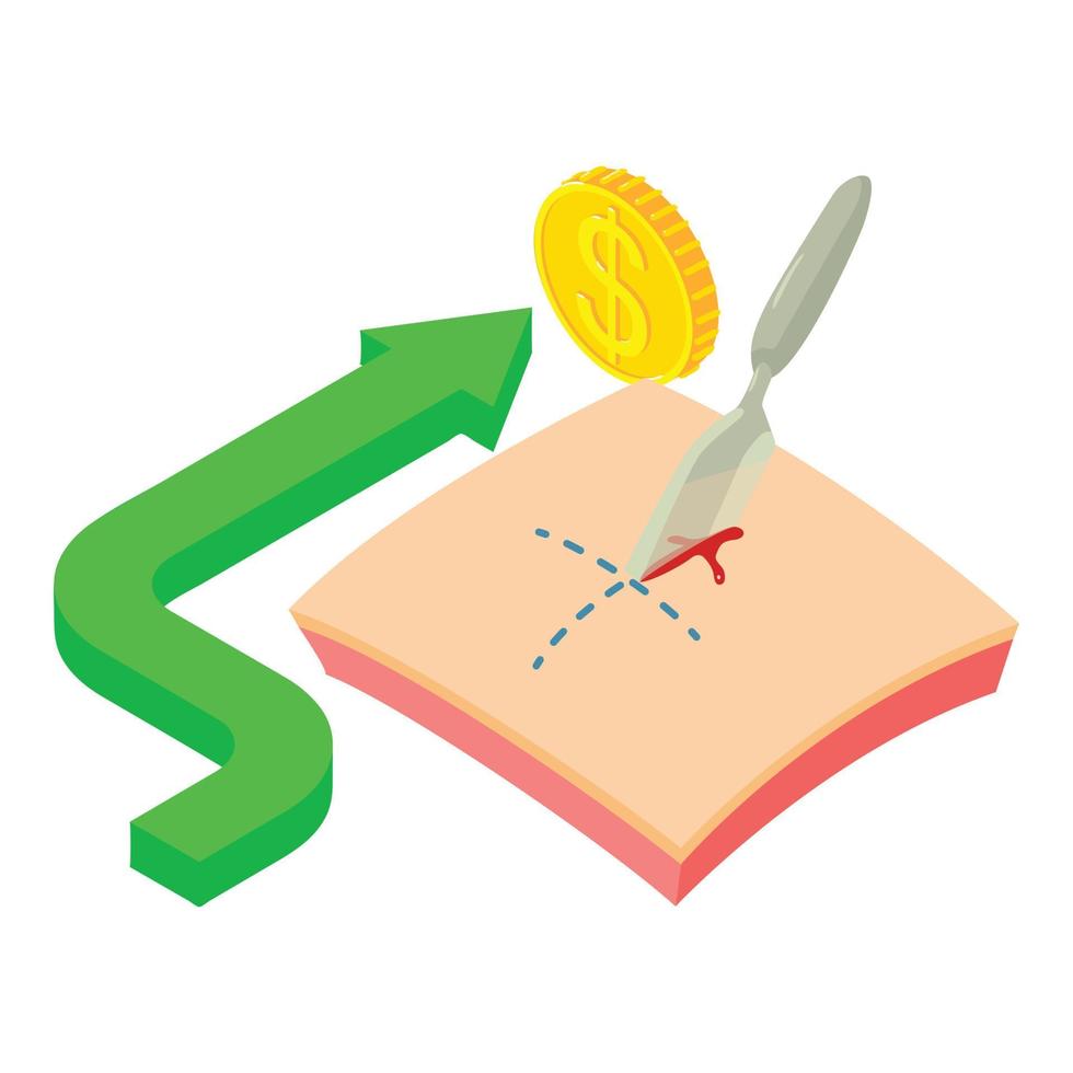 Surgical operation icon isometric vector. Scalpel cut skin arrow with gold coin vector