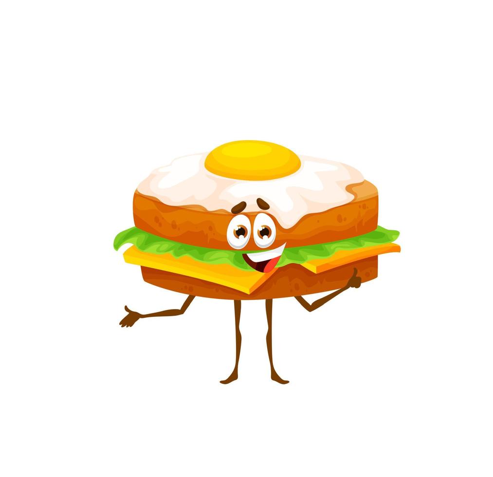 Cartoon burger with egg funny character, fast food vector