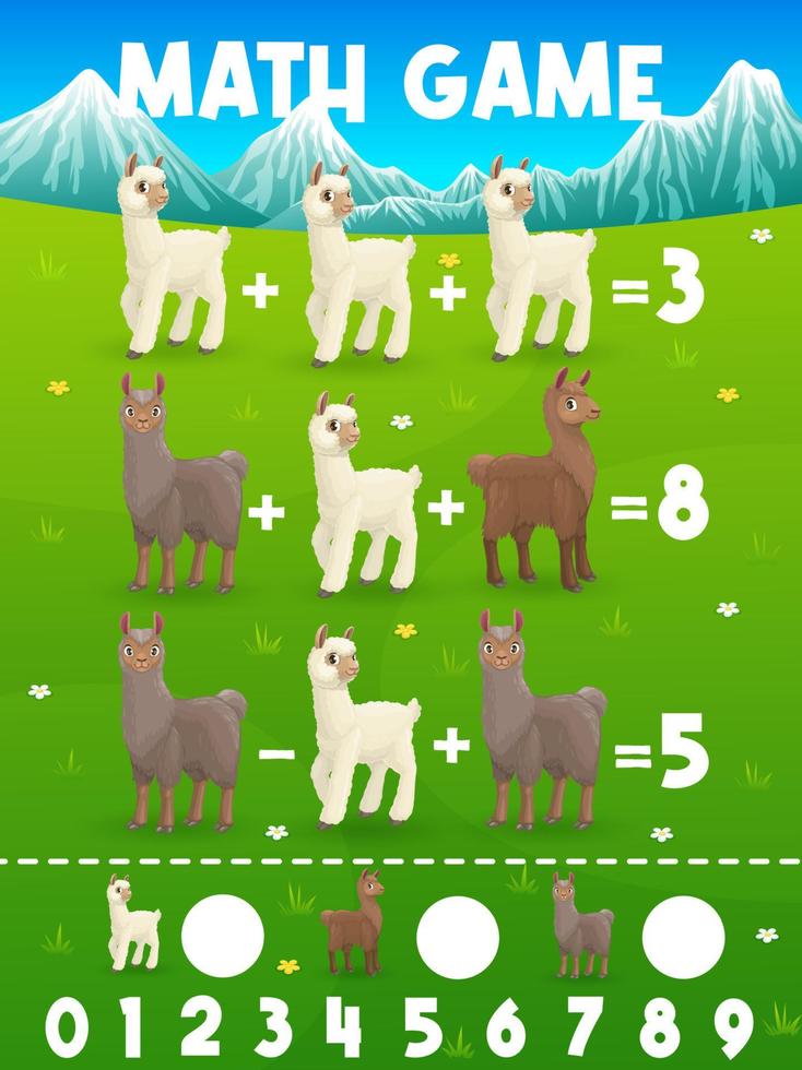 Lama, vicuna and guanaco math game worksheet vector
