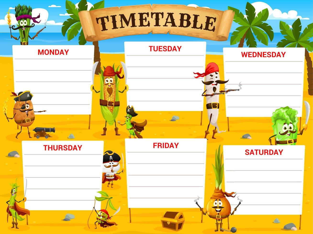 Education timetable schedule vegetable pirates vector