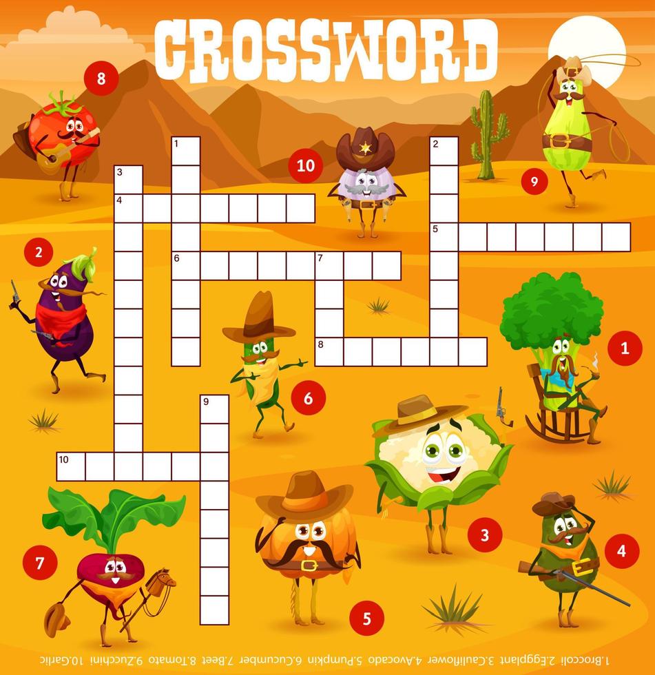 Crossword grid, cowboy sheriff, ranger vegetables vector