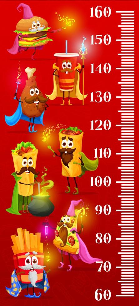 Kids height chart, cartoon fast food wizards mages vector