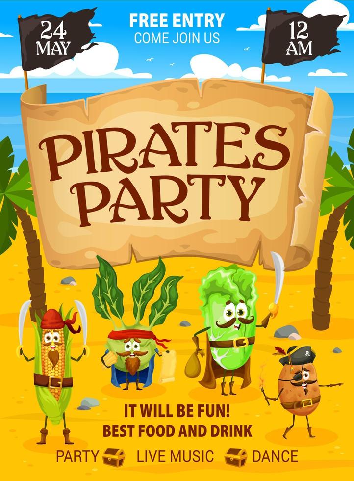 Pirates party flyer, cartoon vegetable pirates vector