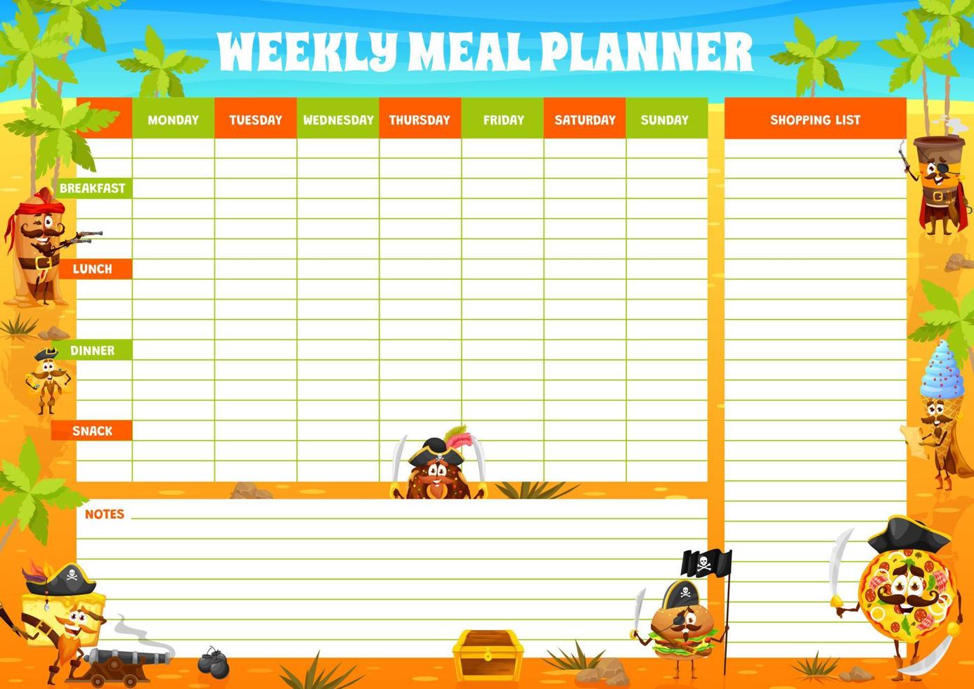 Weekly meal planner cartoon pirates fastfood vector