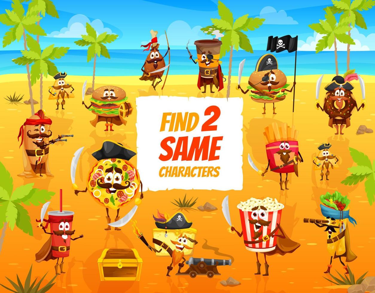 Find two same cartoon pirates fastfood kids game vector