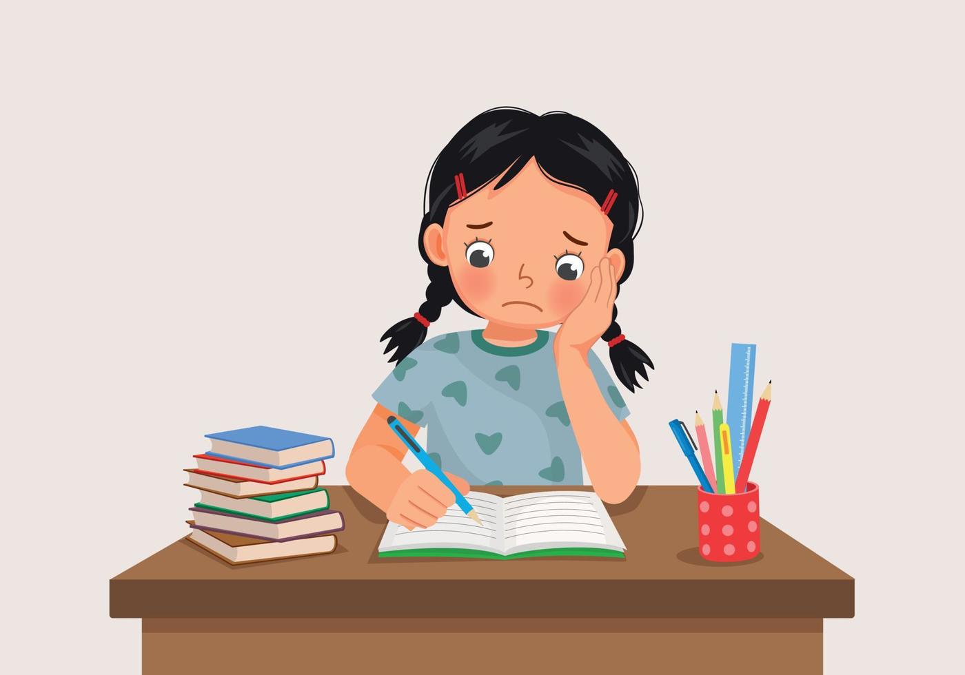 cute little girl feeling stress tired and bored studying doing homework on the desk vector