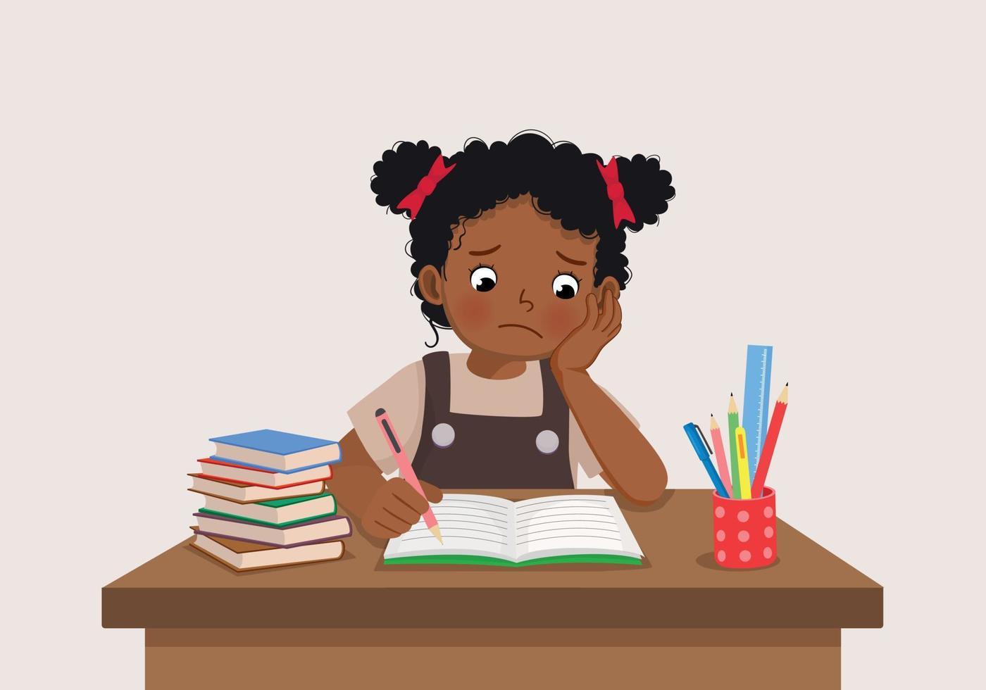 linda niñita africana sintiéndose estresada cansada y aburrida estudiando haciendo la tarea en el escritorio vector