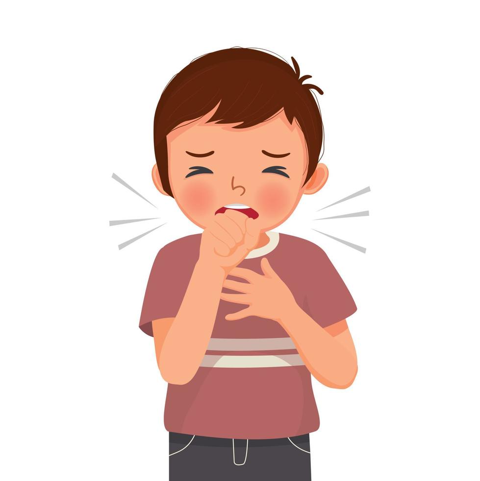 Cute little boy coughing suffering from cold and flu as symptom of allergy or virus infection vector