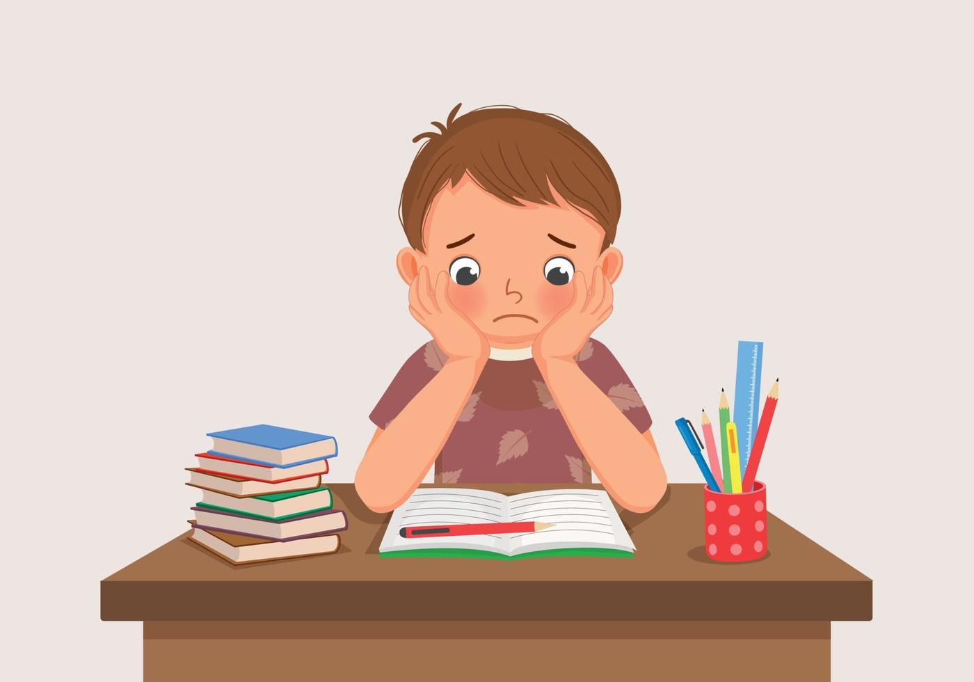 cute little boy feeling stress tired and bored studying doing ...