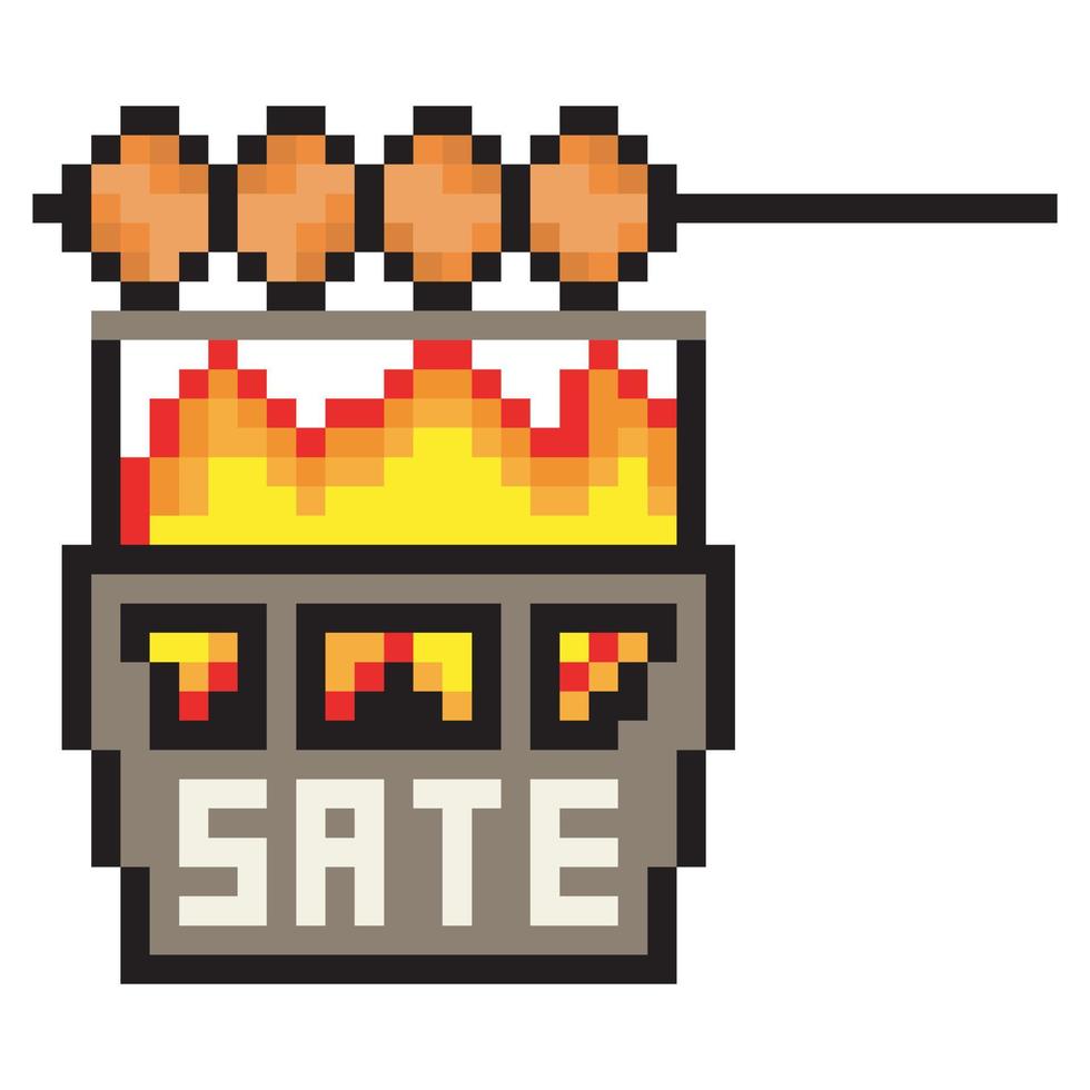 Pixel art with satay on the grill fire. Indonesia food satay. Vector illustration.