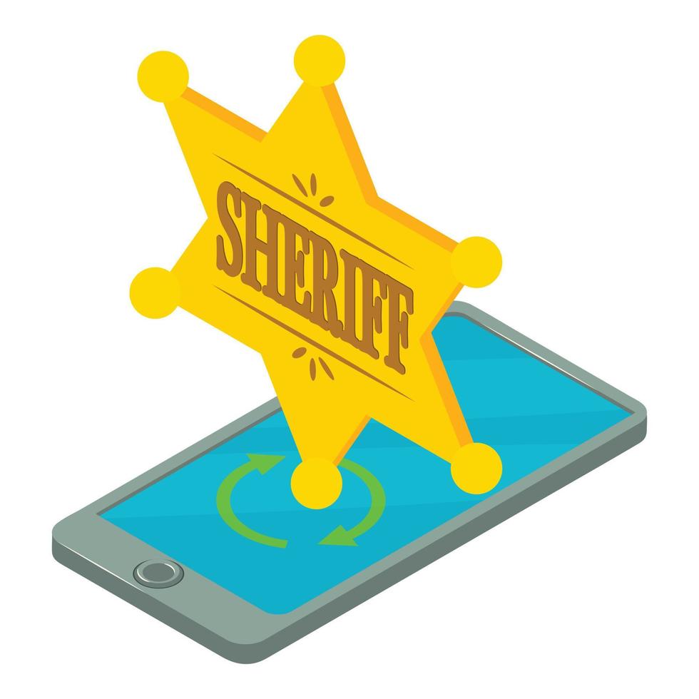 Law symbol icon isometric vector. Sheriff badge spinning on smartphone screen vector
