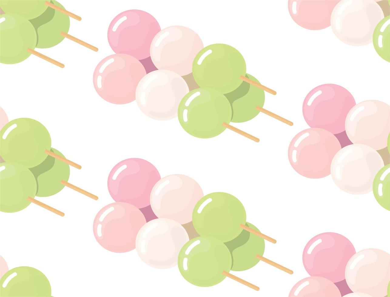 Seamless pattern background with Dango japanese sweet dumpling dessert. Pink, white, green 3 balls served on skewer. Asian food cute wallpaper, print, backdrop vector
