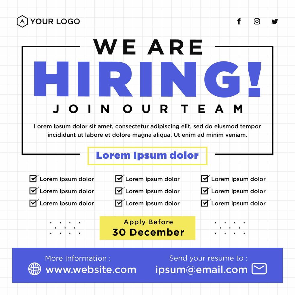We are hiring job position social media post template vector