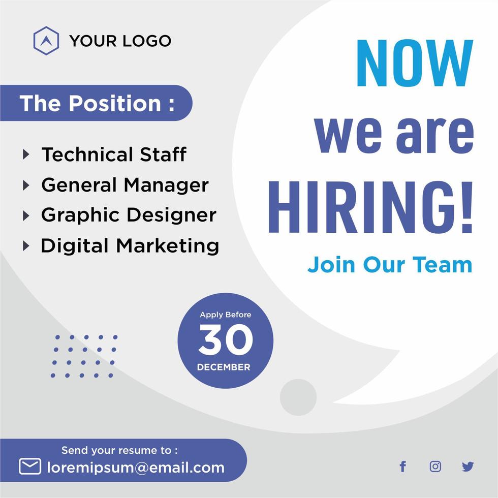 We are hiring job position social media post template vector