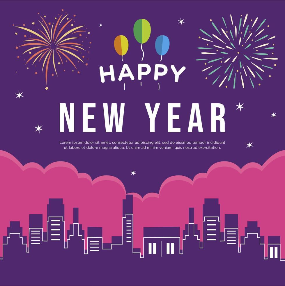 feliz año nuevo ciudad fondo banner saludo celebración vector