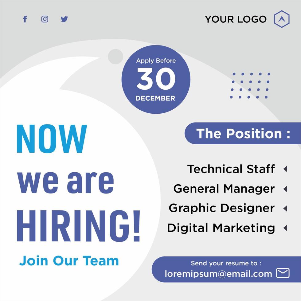 We are hiring job position social media post template vector