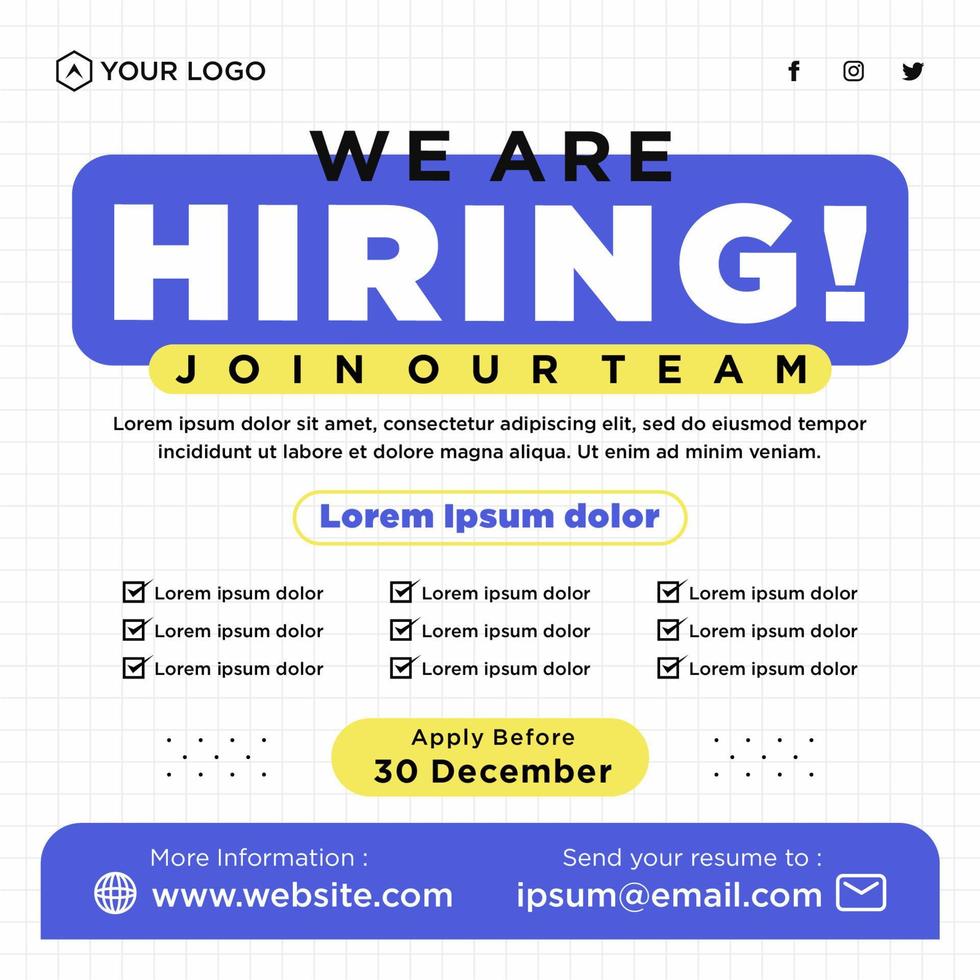 We are hiring job position social media post template vector