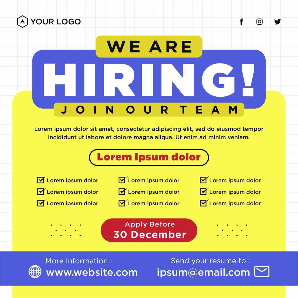 We are hiring job position social media post template vector