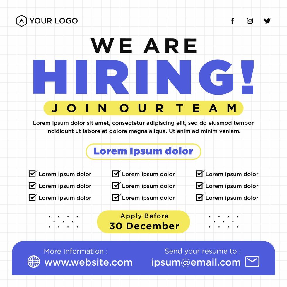 We are hiring job position social media post template vector