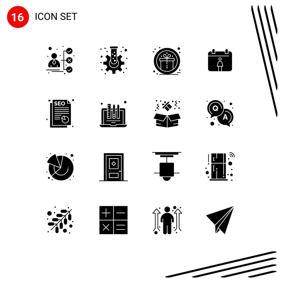 Pack of 16 creative Solid Glyphs of design seo award report calendar Editable Vector Design Elements