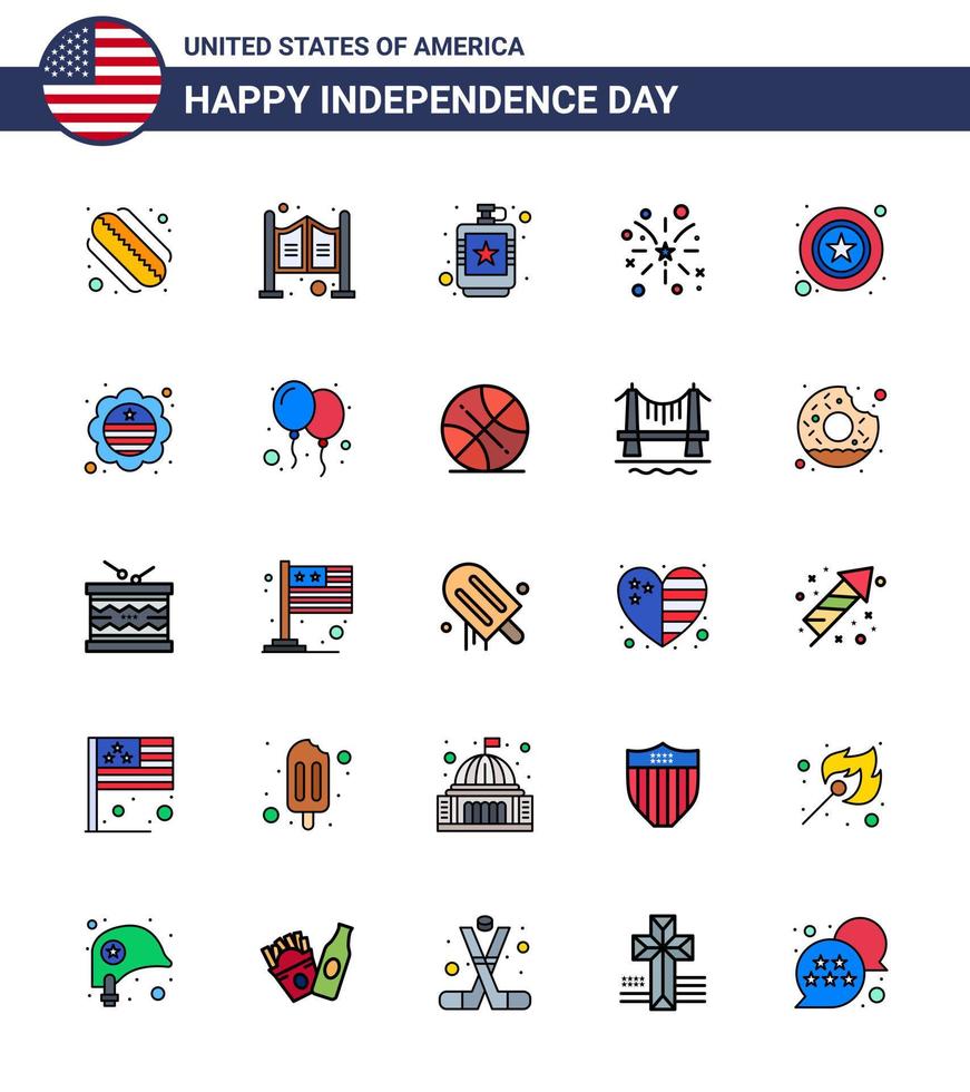 Happy Independence Day Pack of 25 Flat Filled Lines Signs and Symbols for police usa drink american firework Editable USA Day Vector Design Elements