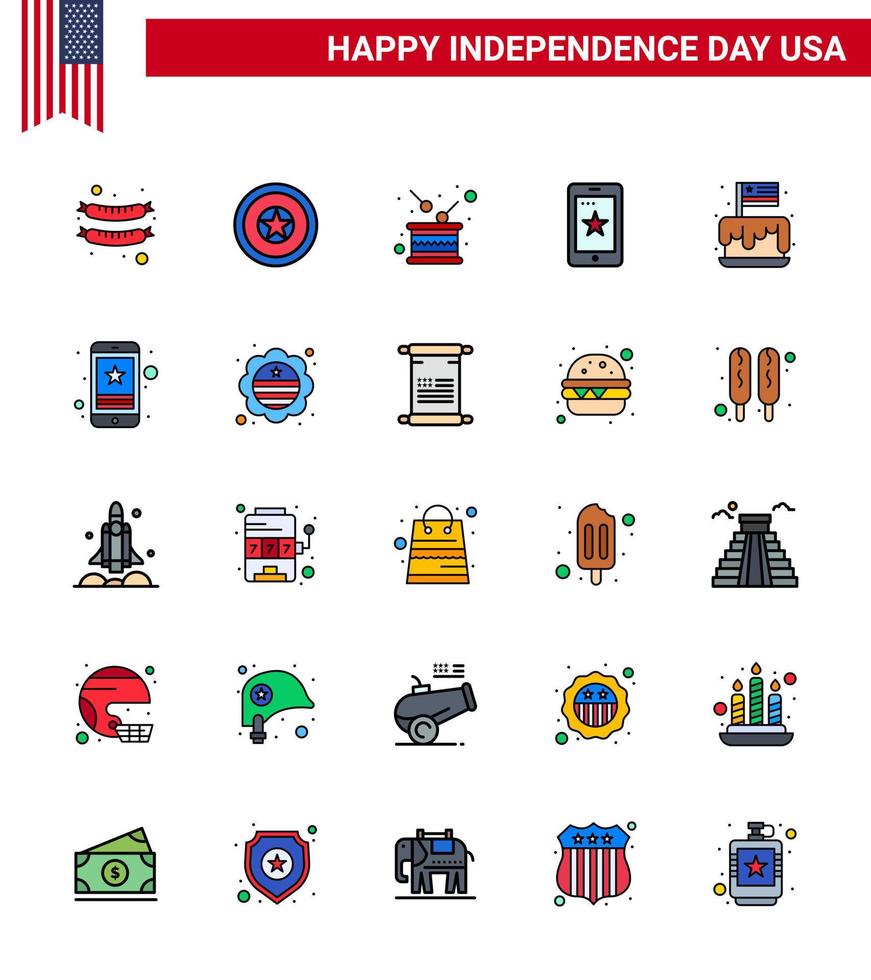 USA Independence Day Flat Filled Line Set of 25 USA Pictograms of cake ireland drum cell mobile Editable USA Day Vector Design Elements