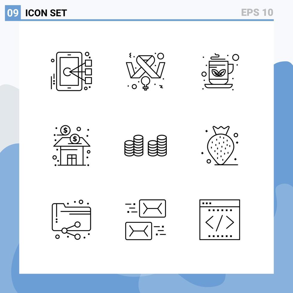 Group of 9 Outlines Signs and Symbols for cash fund breakfast finance bank Editable Vector Design Elements