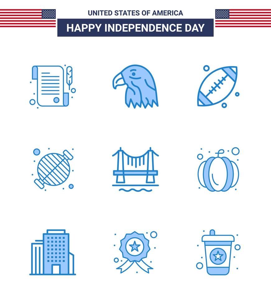 conjunto moderno de 9 azules y símbolos en el día de la independencia de EE. UU., como la construcción de una fiesta de fútbol, barbacoa, elementos de diseño vectorial editables del día de EE. UU. vector