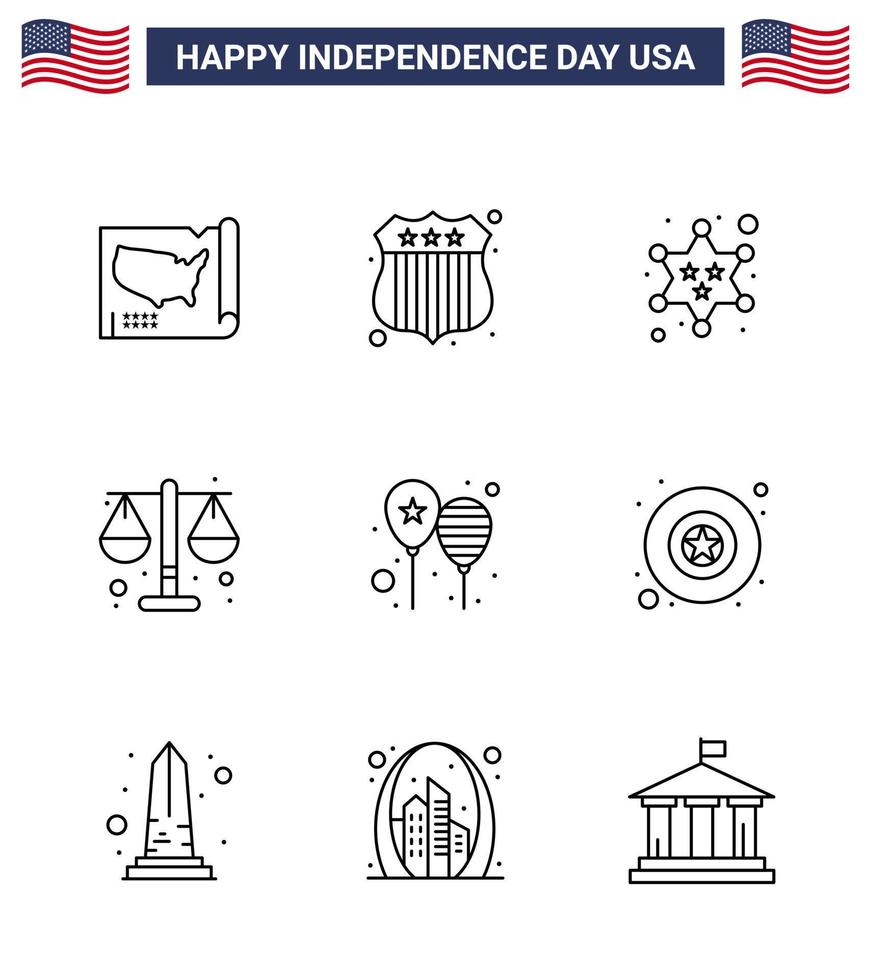 4th July USA Happy Independence Day Icon Symbols Group of 9 Modern Lines of day balloons military scale justice Editable USA Day Vector Design Elements