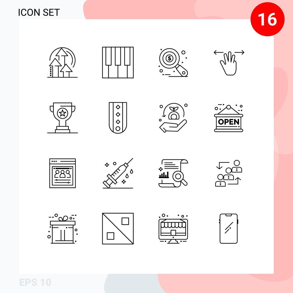 16 Creative Icons Modern Signs and Symbols of cup award auditing three fingers hand Editable Vector Design Elements
