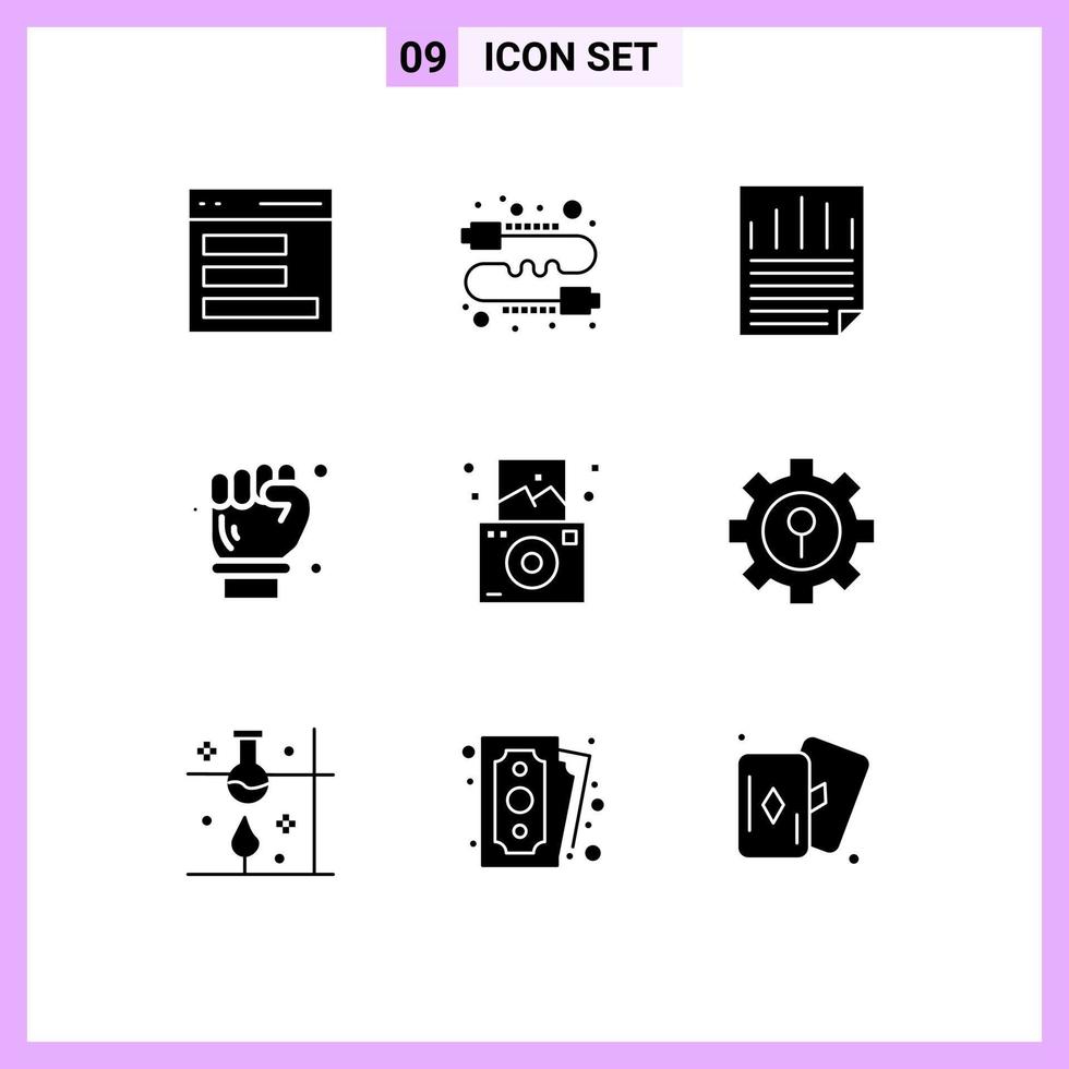 Pack of 9 Modern Solid Glyphs Signs and Symbols for Web Print Media such as camera engineer marketing architect paper check Editable Vector Design Elements